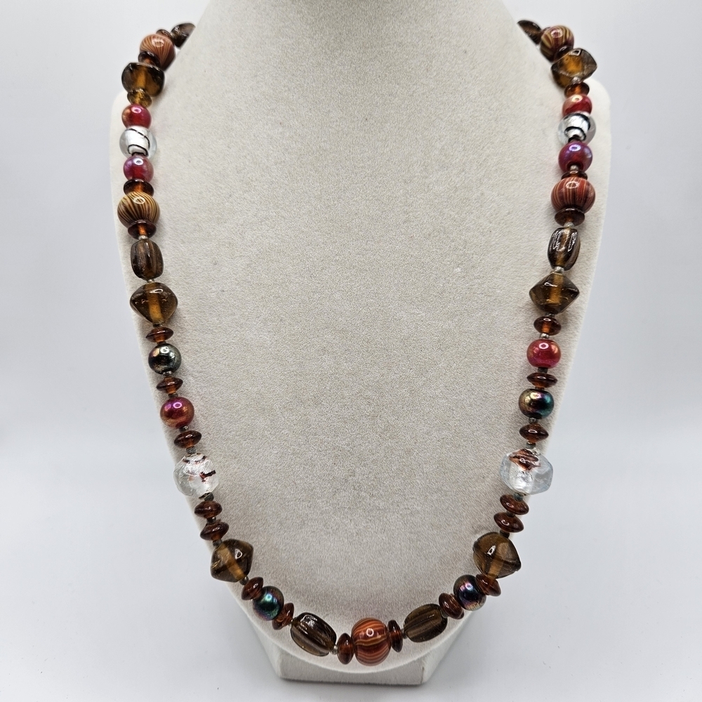 VINTAGE Murano Style Glass Brown and Red Beaded Strand Necklace